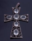 European Arts & Crafts large cross pendant, the open work cross with a scrolling leaf, bud and