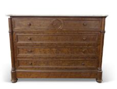 19th century French marble top and mahogany four drawer chest with pillared side supports, 134cm