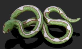 750 and 18k stamped enamel serpent brooch, the entwined green guilloche enamelled body highlighted