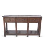 18th century oak three drawer dresser base with plain rectangular legs and pot board base 146cm x