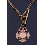 18ct gold double Albert watch chain with a T-bar and two clips, suspending a 9ct gold fob, g/w 29.
