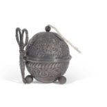 Late Victorian spherical string holder with embossed floral and gadrooned decoration, central raised