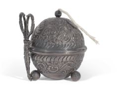Late Victorian spherical string holder with embossed floral and gadrooned decoration, central raised