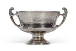Edwardian large two-handled Silver presentation pedestal bowl with swept handles. Inscribed 'The