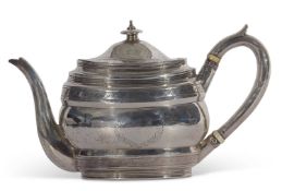 George III tea set of compressed oval form having (worn) banded prick engraved decoration, two