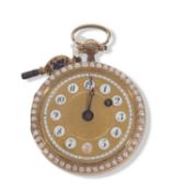 Mid-grade yellow metal pocket watch, featuring an enamel painted case back with pearls round the