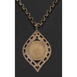 Victorian sovereign dated 1891, in an ornate pierced lozenge shaped pendant mount, suspended from