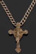 9ct gold flattened curb link necklace suspending a 9ct gold cross pendant, g/w 36.7gms