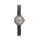 Ladies wrist watch featuring a white metal dial with contrasting black hands and Arabic numerals,