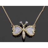 18ct gold and diamond butterfly necklace, the outstretched wings, abdomen, thorax and antennae set