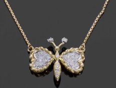 18ct gold and diamond butterfly necklace, the outstretched wings, abdomen, thorax and antennae set
