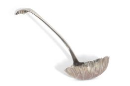 Early George III base mark Onslow pattern soup ladle with shell bowl, 35cm long, London 1763 maker