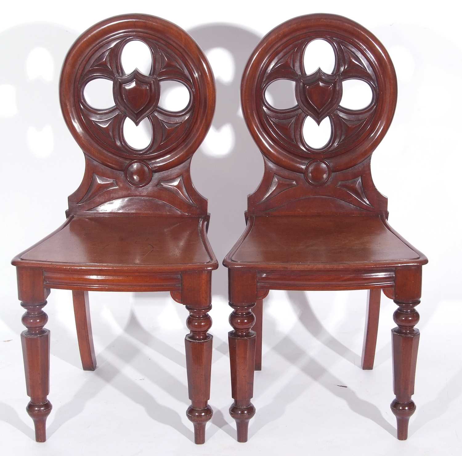 Pair Victorian mahogany hall chairs with circular pierced back with central shield decoration over - Image 3 of 3