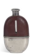 Victorian glass and leather overlaid spirit flask, oval shaped having screw on silver lid and