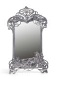A large W.M.F style silver plated dressing table mirror in the Art Nouveau style, the strut back