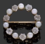 Diamond and seed pearl garland brooch, alternate set with 7 old cut diamonds, approx 1ct, and 7