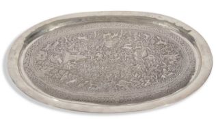 Large late 19th/early 20th-century Indian white metal oval tray, heavily chased and embossed to