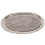 Large late 19th/early 20th-century Indian white metal oval tray, heavily chased and embossed to