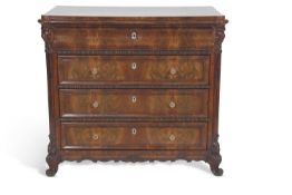 19th Century continental mahogany chest of four drawers, top drawer with three compartments and