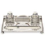 W.M.F. silver plated ink stand of rectangular form with pierced gallery surround, having two inset