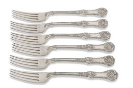 A heavy set of six Edwardian table forks in double struck kings pattern, London 1903 by Johnson