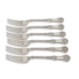 A heavy set of six Edwardian table forks in double struck kings pattern, London 1903 by Johnson