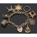 9ct gold curb link bracelet suspending various charms to include a Star of David, stamped 750, and 5