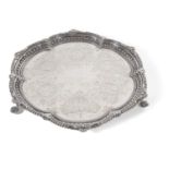 Victorian waiter of lobed circular form with shell and beaded edges, foliate engraved inner raised