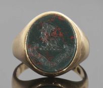 Victorian 18ct gold bloodstone intaglio seal signet ring, hallmarked London 1884, engraved with '