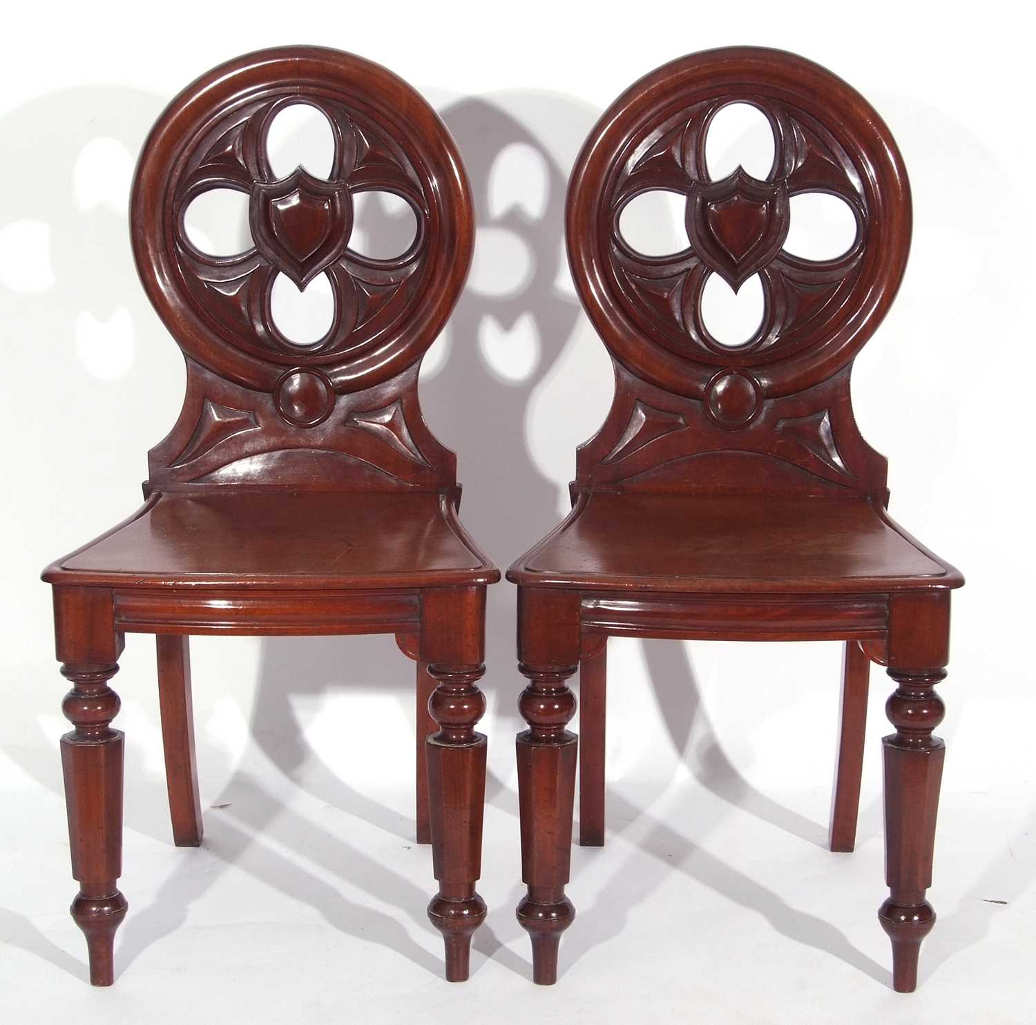 Pair Victorian mahogany hall chairs with circular pierced back with central shield decoration over - Image 2 of 3