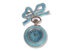 Early 20th century blue guilloche enamel pocket watch with ribbon bow pin, manually wound
