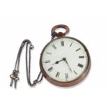 Large copper pocket watch, copper case with white enamel dial and black Roman numeral hour