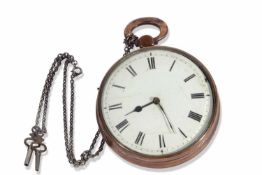 Large copper pocket watch, copper case with white enamel dial and black Roman numeral hour