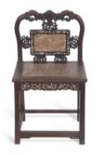 Antique Chinese hardwood and marble inset chair with arched back and central marble panel surround