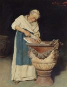 Arnaldo Tamburini (Italian,1843-1901), A monk cleaning cloth, oil on canvas, signed, 14x11ins.