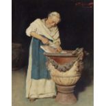 Arnaldo Tamburini (Italian,1843-1901), A monk cleaning cloth, oil on canvas, signed, 14x11ins.