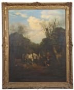Circle of George Morland (British, 1763-1804), A landscape with figures resting beside a horse and