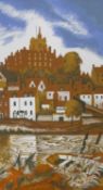 Clifford Cyril Webb (British, 1895 – 1972), An unidentified townscape from the riverbank, Lino cut