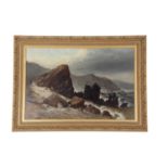 Frederick Tully Lott (British, c.1828-1899), A coastal scene with figures climbing ashore, oil on