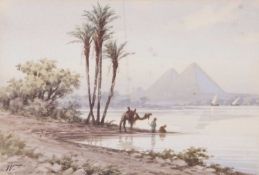 Edwin Lord Weeks (American, 1849-1903), A view of the pyramids at Giza, Cairo', watercolour, signed,