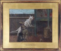 Attributed to Frederick Smallfield (British, 1829-1918), Two cats next to a hen house, oil on