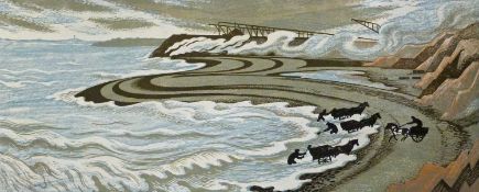 Clifford Cyril Webb (British, 1895-1972), Gathering Sea Coal, Northumberland, linocut in colours,