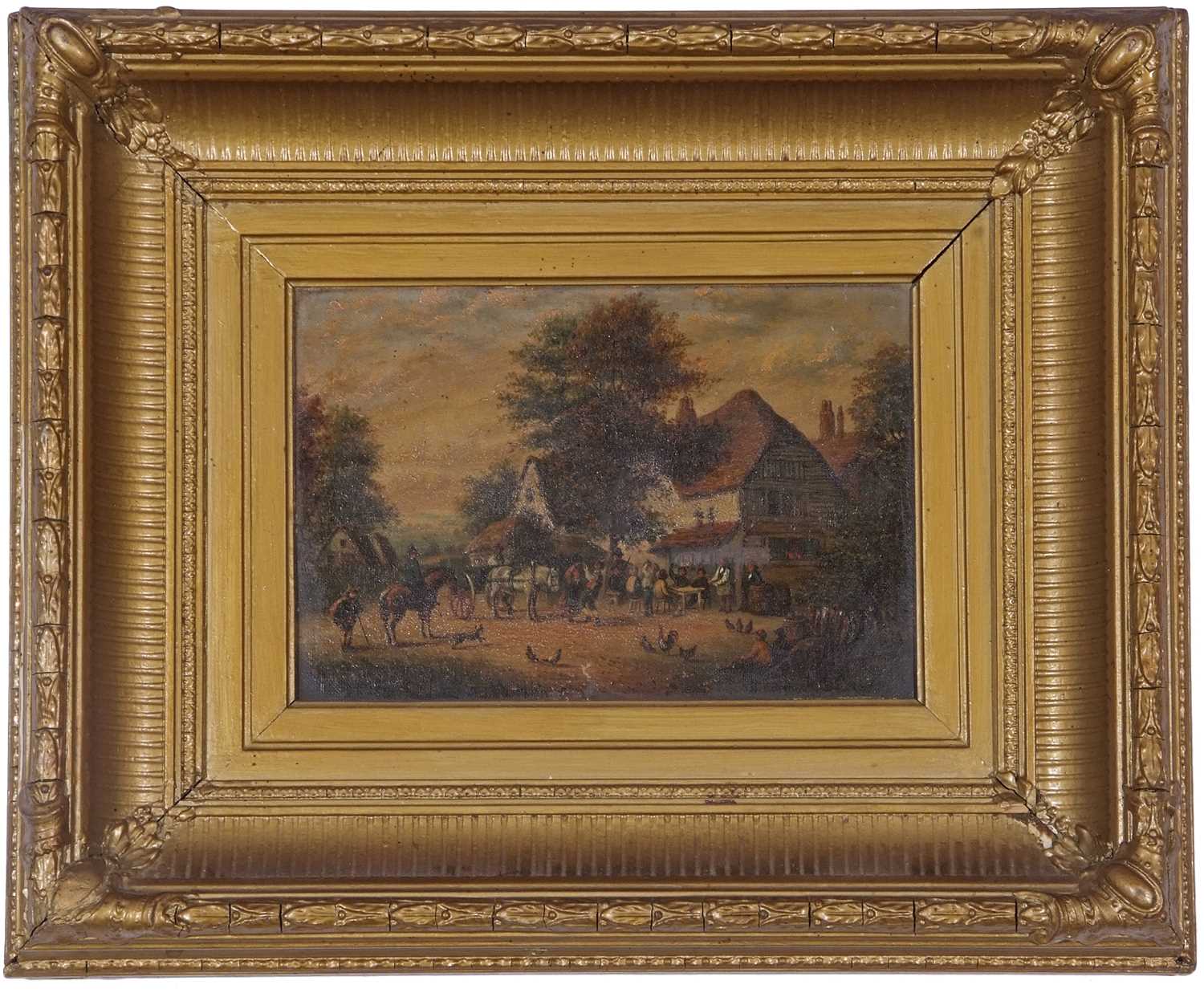 19th Century rural scene with merrymaking and dancing outside a tavern, opposite new arrivals on