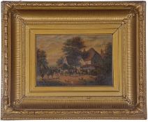 19th Century rural scene with merrymaking and dancing outside a tavern, opposite new arrivals on