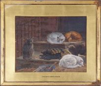 Attributed to Frederick Smallfield (British, 1829-1918), A clowder of cats resting on steps, oil