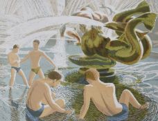 Clifford Cyril Webb (British, 1895-1972), London fountain scene with bathers, colour linocut