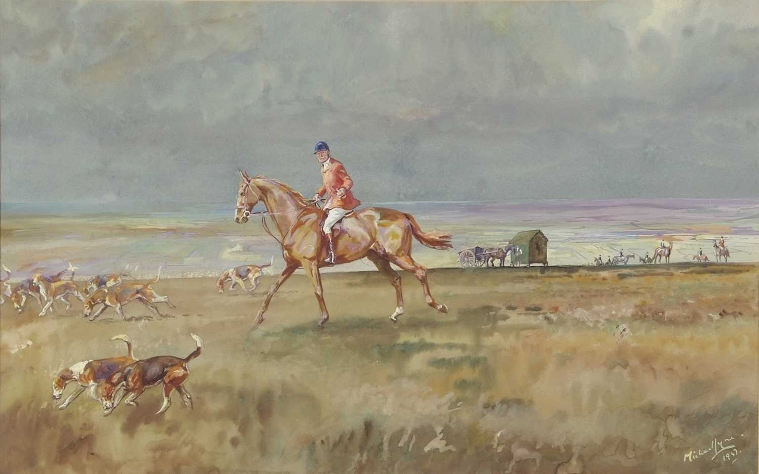 Michael Lyne (British, 1912-1989), A huntsman and hounds with the rest of the field waiting by a