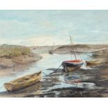 Phillipa Leigh (British, Contemporary), "Boats resting at low tide - North Norfolk (Morston Creek)",