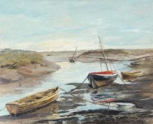 Phillipa Leigh (British, Contemporary), "Boats resting at low tide - North Norfolk (Morston Creek)",