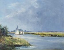 Shirley Carnt (British, b.1927 -), "Spring day on the River Thurne", oil on board, signed,